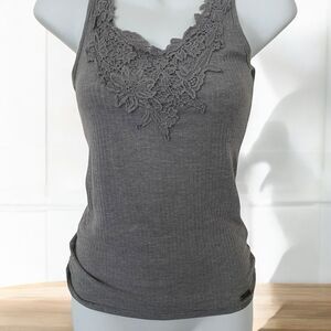 Hollister Vintage Y2k Grey Crotchet Appliqué Cotton Tank Top SZ XS